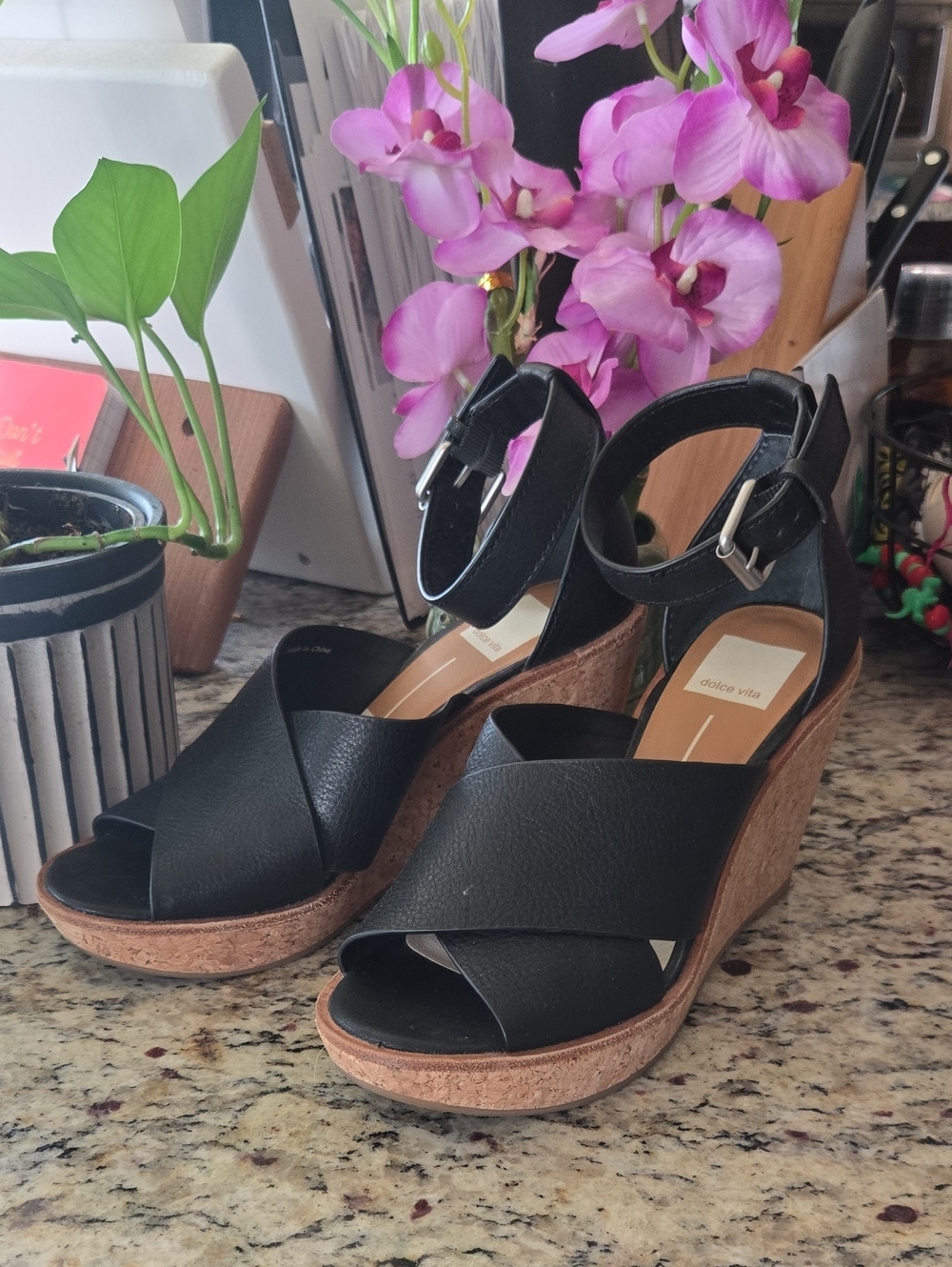 Dolce Vita Urbane Leather Cork Wedge Ankle Strap Peep Toe Sandals EUC Black - 7